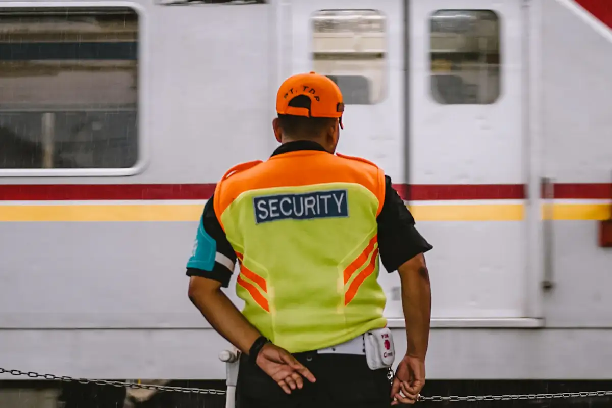 Security officer in a hi-vis vest on patrol